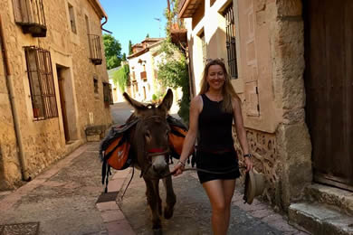 lass walks with a donkey in medieval town in segovia
